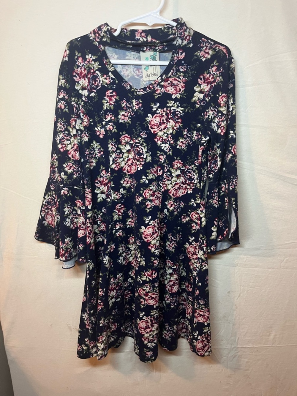 Lily Bleu Navy Floral Tea Dress with Pink and Cream Accents